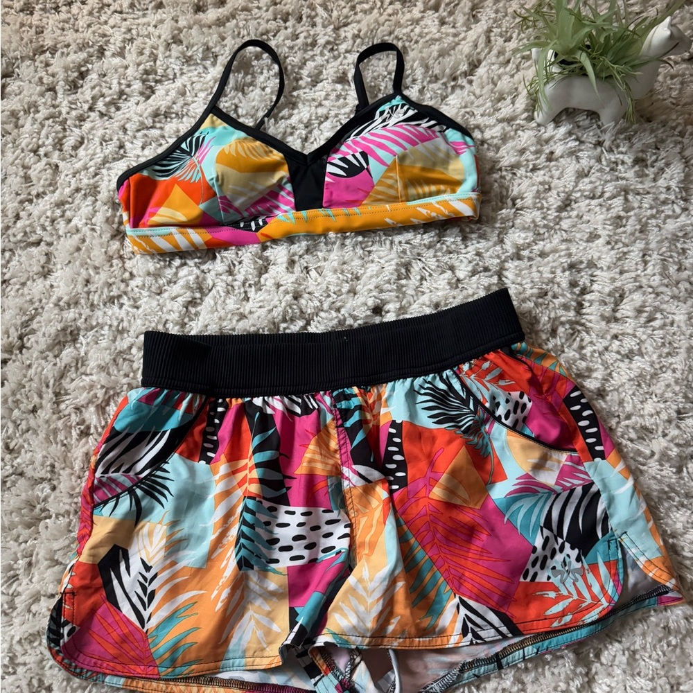 ZXS Tropical print swim set 2 piece swim suit w padded top and cheeky bo…